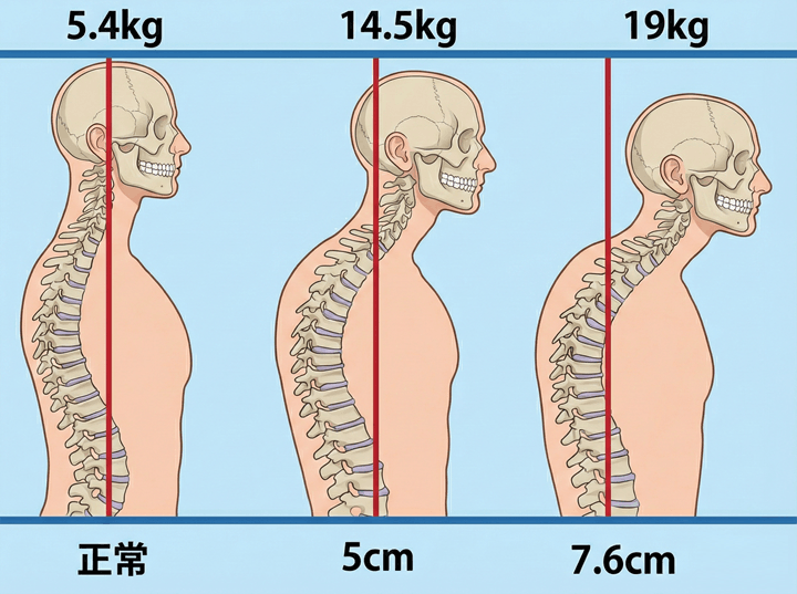 1cm頭が前にズレると1.8kg重くなる