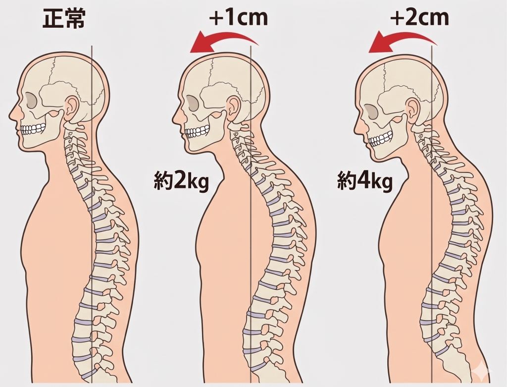 正常な姿勢と、頭が前にずれた姿勢（＋1cm、＋2cm）における、首への負担（約2kg、約4kg）を比較した図解。