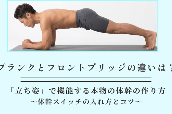 綺麗なプランクのフォームの写真と、『プランクとフロントブリッジの違いは？「立ち姿」で機能する本物の体幹の作り方 体幹スイッチの入れ方とコツ』という文字が書かれたブログのサムネイル画像。